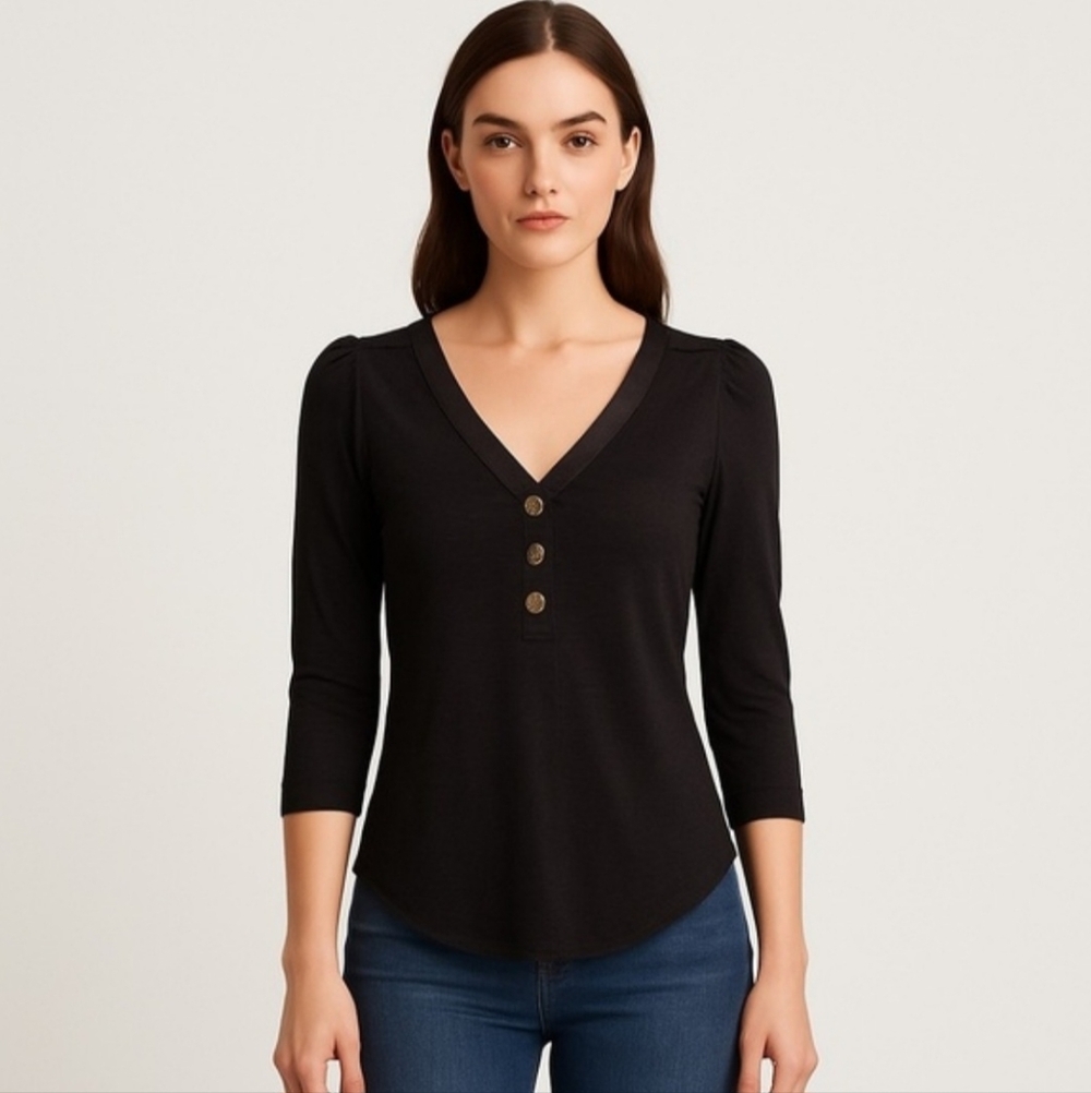 White House Black Market V-neck Top Women's Size Medium Button Detail Neckline